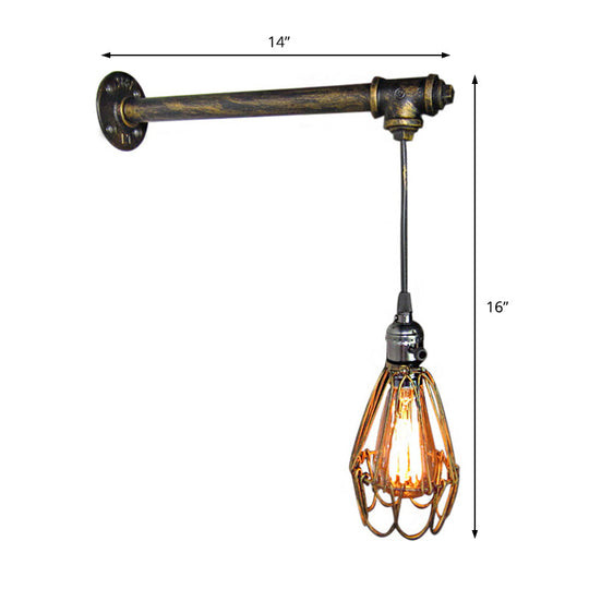 Industrial Wire Frame Wall Lamp With Pipe 1 Light In Aged Brass - Wrought Iron Fixture