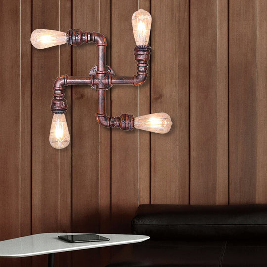 Industrial Wrought Iron Sconce Lamp With Exposed Bulb - Antique Copper Finish 4 Lights Perfect For