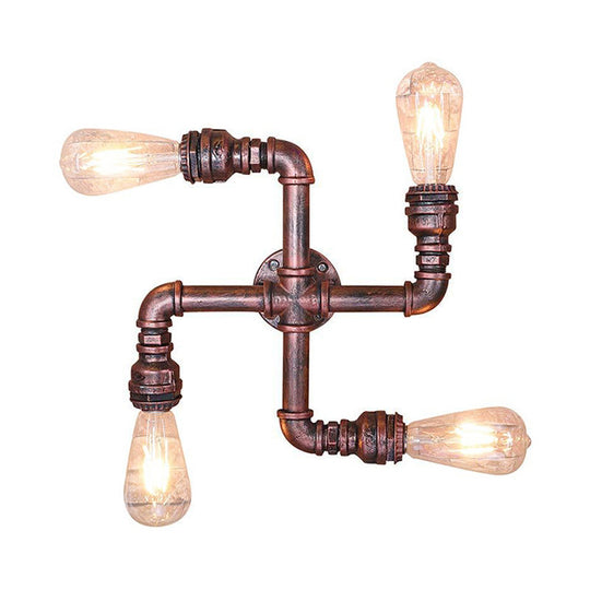 Industrial Wrought Iron Sconce Lamp With Exposed Bulb - Antique Copper Finish 4 Lights Perfect For