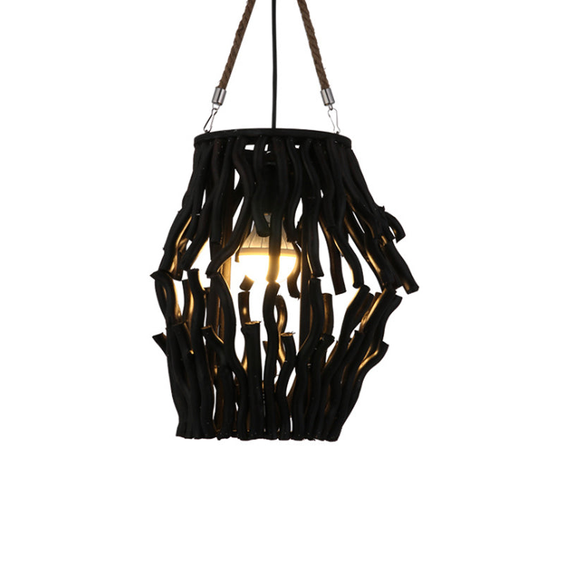 Rustic Pendant Ceiling Light - Barrel/Cone/Globe Design Wood Finish 1 Bulb Black Perfect For Dining