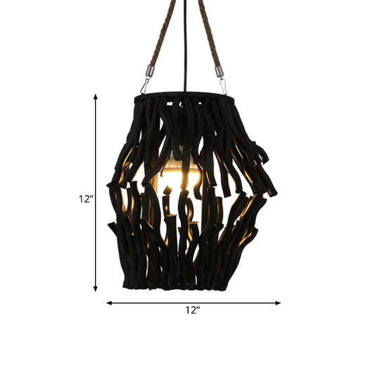 Rustic Pendant Ceiling Light - Barrel/Cone/Globe Design Wood Finish 1 Bulb Black Perfect For Dining