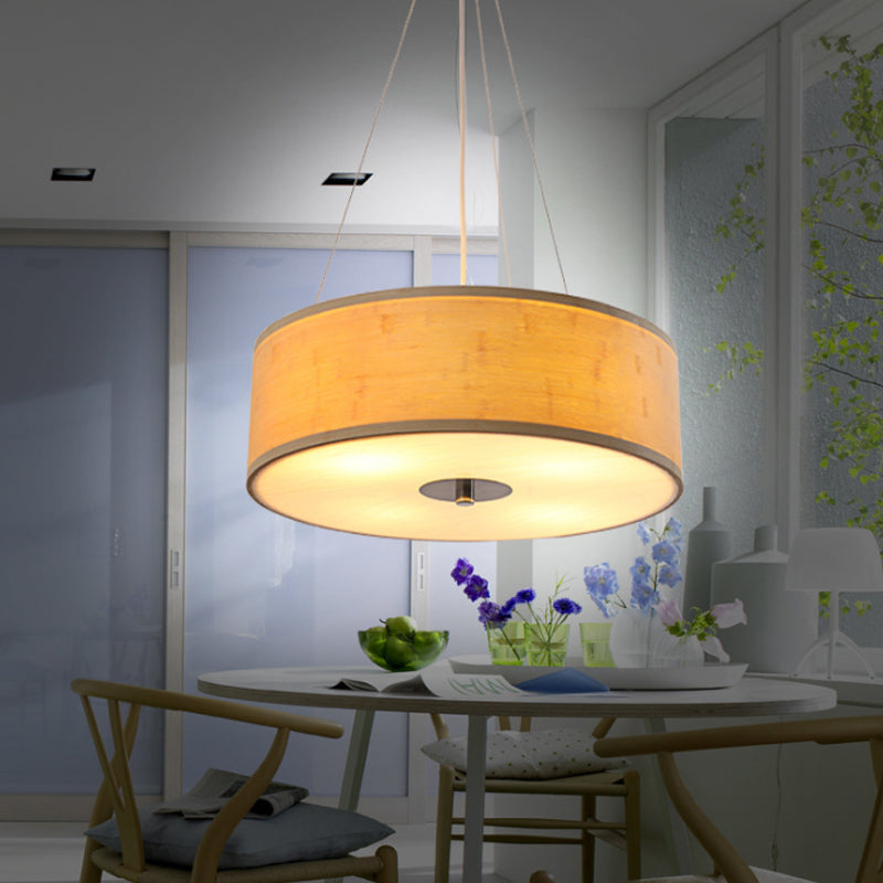 Modern Bamboo Pendant Light With Hand-Worked Drum Shade - Wood Ceiling Lamp (5-Light)