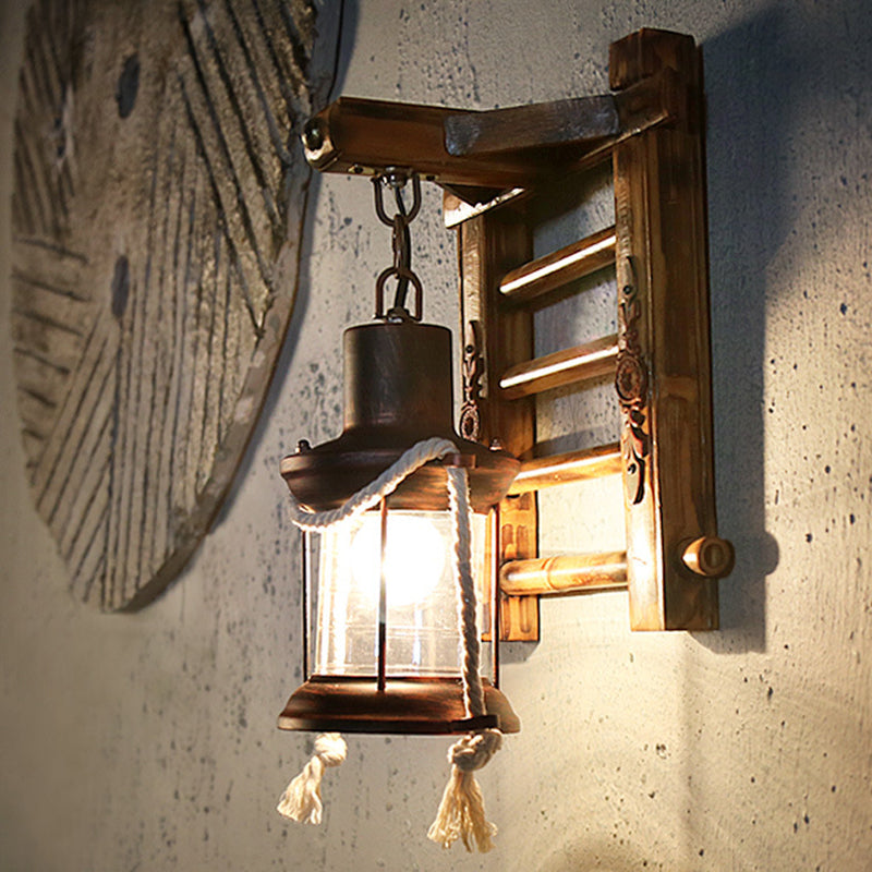 Vintage Clear Glass Wall Sconce With Antique Copper Cylinder Cage And Wooden Backplate - 1 Light