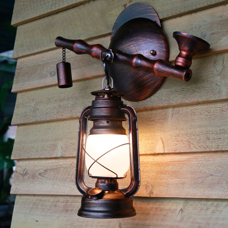 Coastal Opal Glass Lantern Wall Sconce: Antique Copper 1-Light Fixture With Pipe - Dining Room