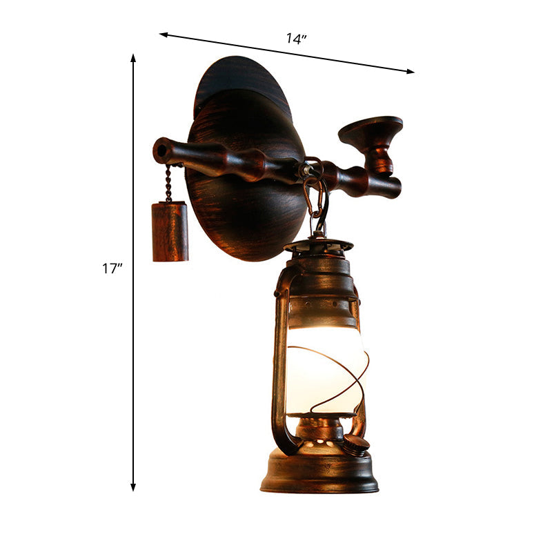 Coastal Opal Glass Lantern Wall Sconce: Antique Copper 1-Light Fixture With Pipe - Dining Room