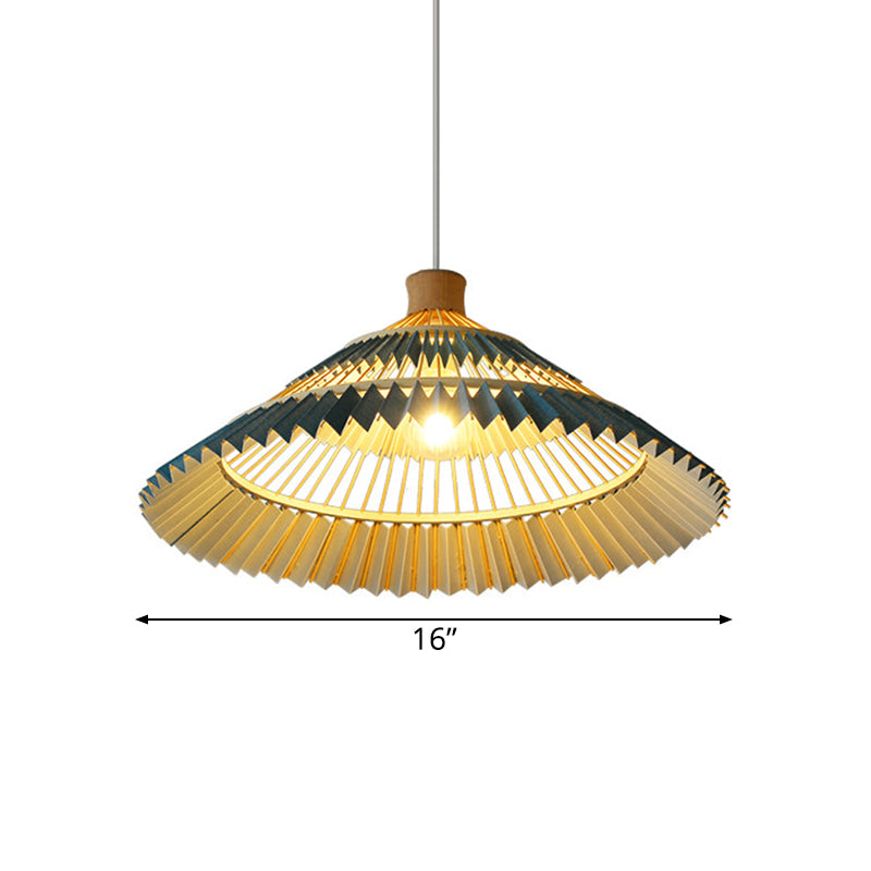 South-East Asian Bamboo Pendant Lamp with Blue Conical Shade - 1 Head Ceiling Lighting for Table - 16"/19.5" W