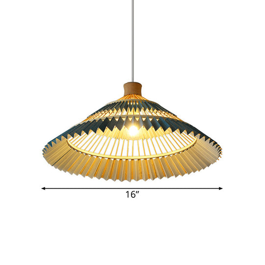 South-East Asian Bamboo Pendant Lamp with Blue Conical Shade - 1 Head Ceiling Lighting for Table - 16"/19.5" W