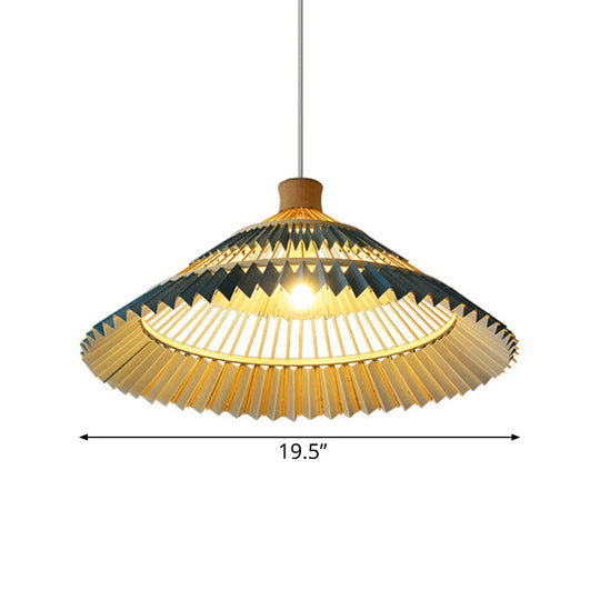 South-East Asian Bamboo Pendant Lamp with Blue Conical Shade - 1 Head Ceiling Lighting for Table - 16"/19.5" W