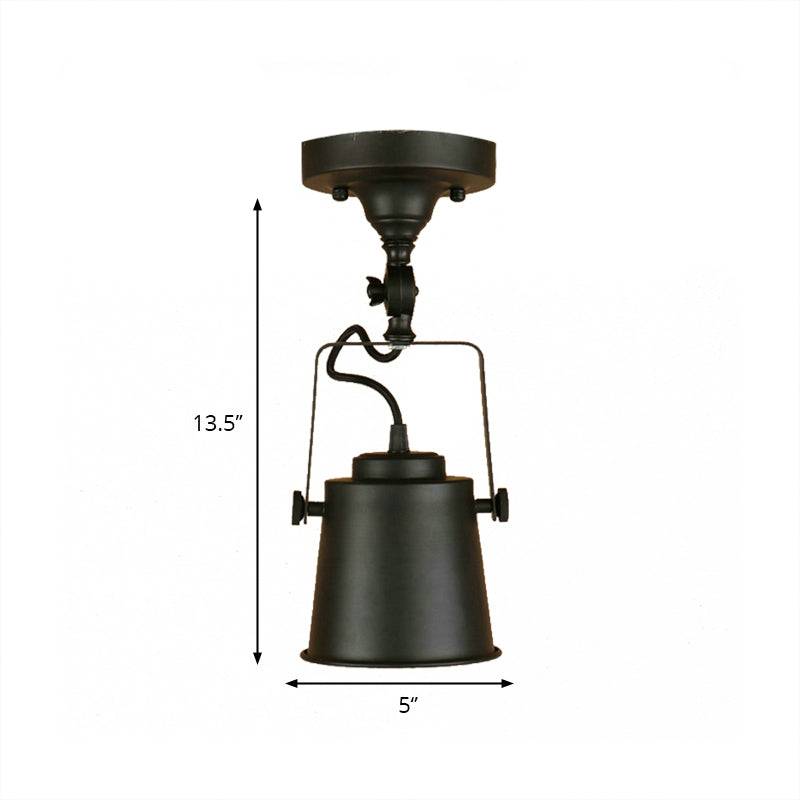 Antique Metal Bucket Shade Ceiling Lamp - Rotatable Semi Flush Pendant Light for Living Rooms - 1 Bulb, Black/Rust