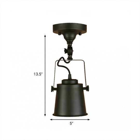 Antique Metal Bucket Shade Ceiling Lamp - Rotatable Semi Flush Pendant Light for Living Rooms - 1 Bulb, Black/Rust