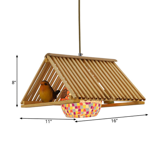 Modern Wood Pendant Light In Roof Shape Beige Hanging Fixture 16/19.5 Width