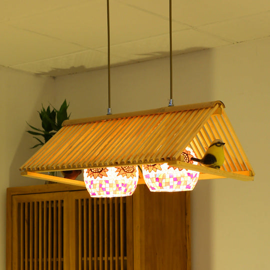 Modern Wood Pendant Light In Roof Shape Beige Hanging Fixture 16/19.5 Width / 19.5