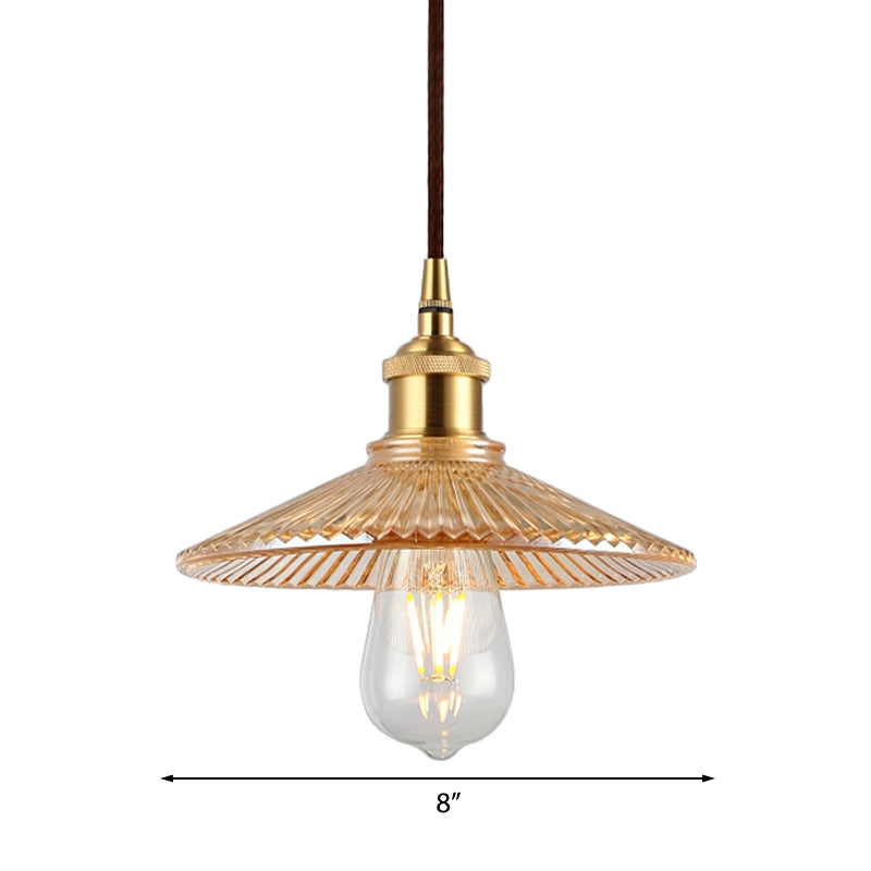 Mid Century Amber Glass Ribbed Cone Pendant Light - Single Bulb Ceiling Suspension for Restaurants