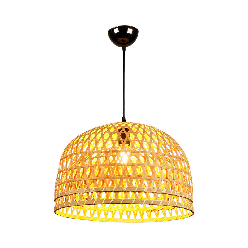 Modern Style Bamboo Pendant Lamp With Brown Wood Dome Shade - 13/21 Dia Ideal For Restaurants