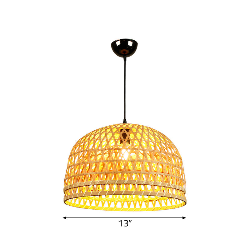 Modern Style Bamboo Pendant Lamp With Brown Wood Dome Shade - 13/21 Dia Ideal For Restaurants