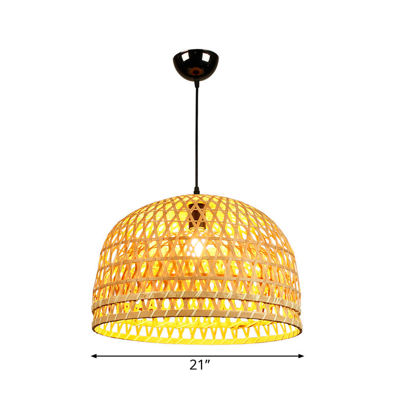 Modern Style Bamboo Pendant Lamp With Brown Wood Dome Shade - 13/21 Dia Ideal For Restaurants