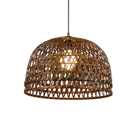 Modern Style Bamboo Pendant Lamp With Brown Wood Dome Shade - 13/21 Dia Ideal For Restaurants