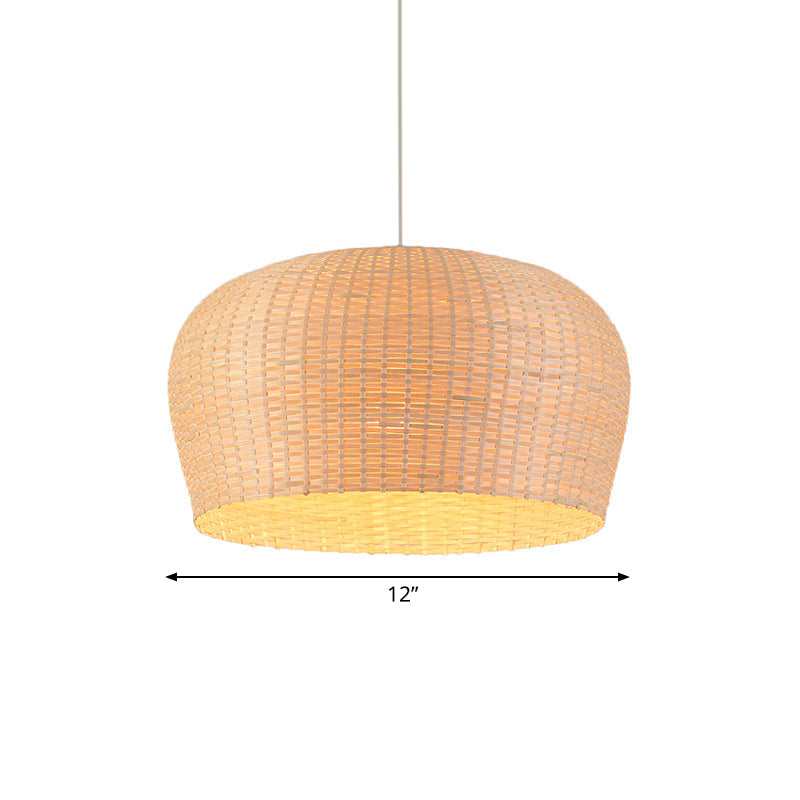 Woven Bamboo Ceiling Pendant Lamp - Asian Single Light 12/19.5 Wide Dome Beige Hanging For