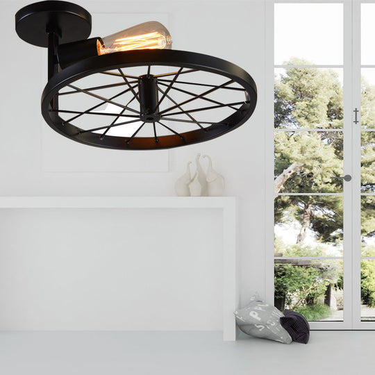 Industrial Style Bare Bulb Pendant Light with Wheel Deco - 1-Light Metal Hanging Lamp in Black