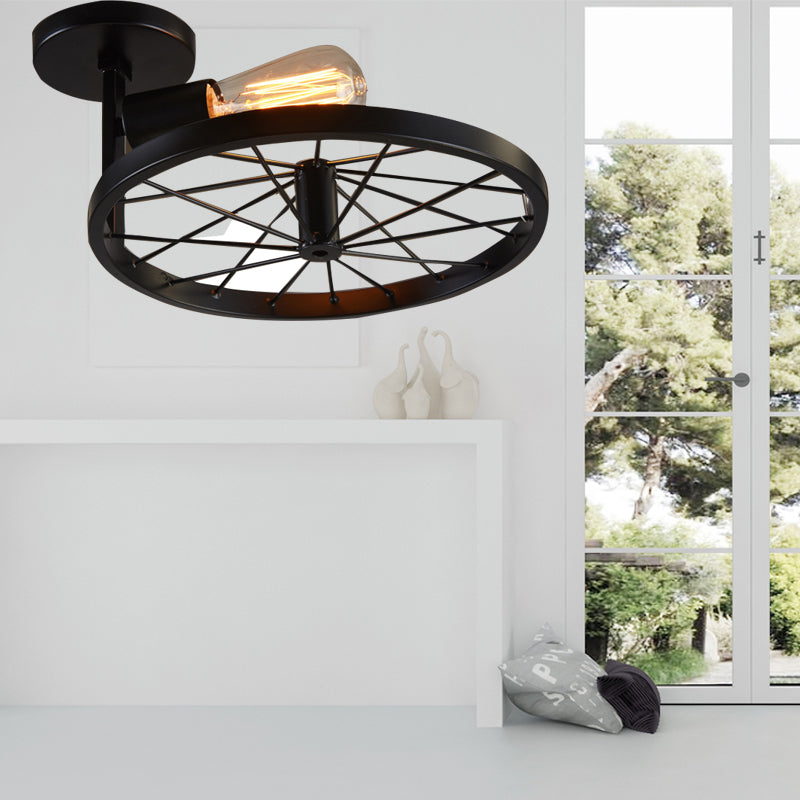 Industrial Style Bare Bulb Pendant Light With Wheel Deco - 1-Light Metal Hanging Lamp In Black