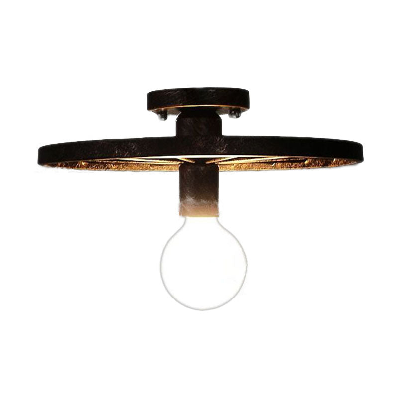 Rustic Brass Finish Semi-Flush Mount Ceiling Light Fixture With Antique Metal Design - 1 Head