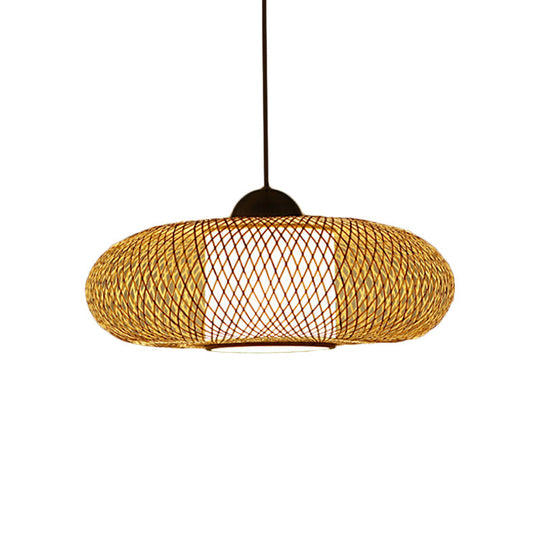 Contemporary Black/Wood Cross Woven Pendant Light With Drum Shade - 1 Head Bamboo Hanging Lamp