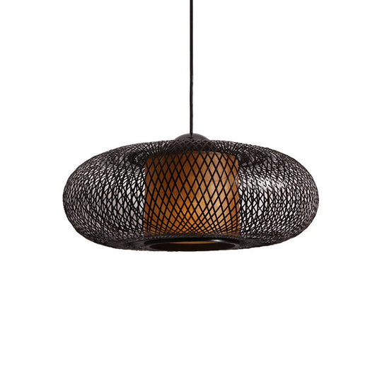 Contemporary Black/Wood Cross Woven Pendant Light With Drum Shade - 1 Head Bamboo Hanging Lamp