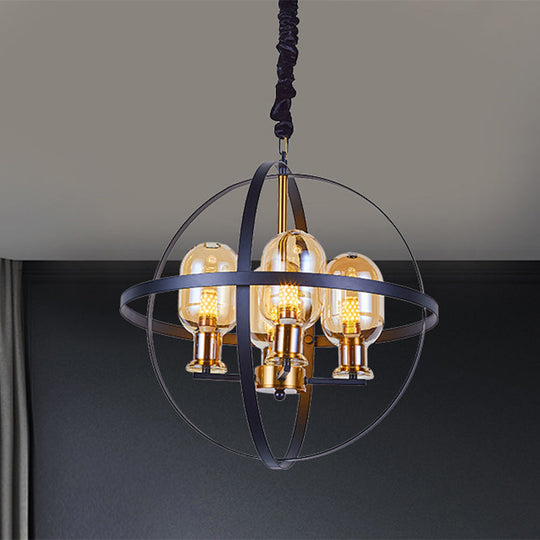 Contemporary 4/6-Light Amber Glass Pendant Chandelier: Black-Gold Suspension Lamp With Orb Frame