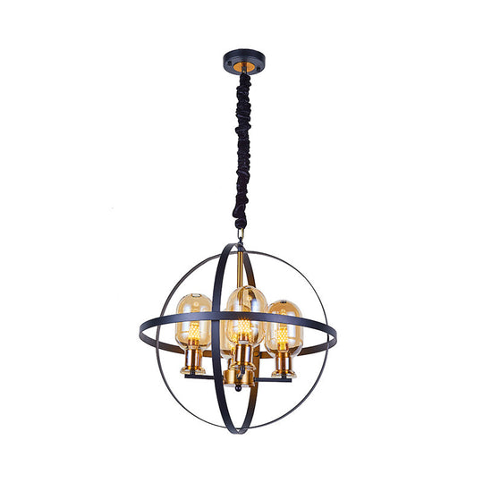 Contemporary Amber Glass Pendant Chandelier with Orb Frame Design - 4/6-Light Suspension Lamp in Black-Gold