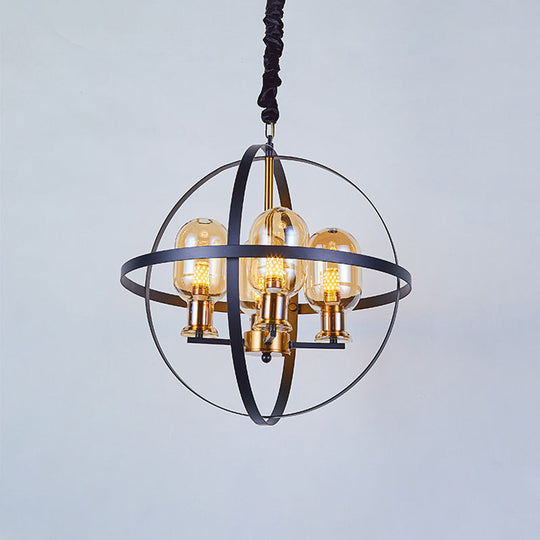 Contemporary 4/6-Light Amber Glass Pendant Chandelier: Black-Gold Suspension Lamp With Orb Frame