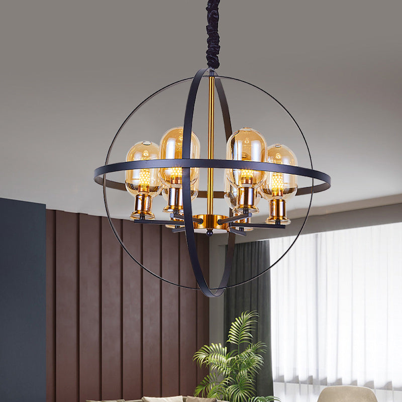 Contemporary 4/6-Light Amber Glass Pendant Chandelier: Black-Gold Suspension Lamp With Orb Frame