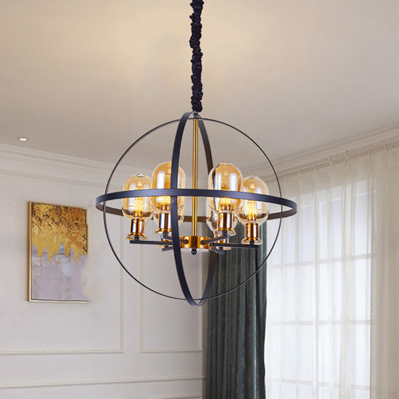 Contemporary 4/6-Light Amber Glass Pendant Chandelier: Black-Gold Suspension Lamp With Orb Frame