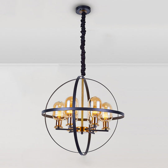 Contemporary Amber Glass Pendant Chandelier with Orb Frame Design - 4/6-Light Suspension Lamp in Black-Gold