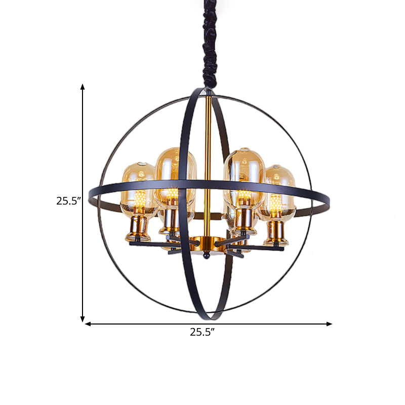 Contemporary 4/6-Light Amber Glass Pendant Chandelier: Black-Gold Suspension Lamp With Orb Frame