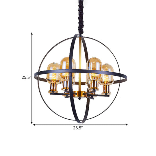 Contemporary 4/6-Light Amber Glass Pendant Chandelier: Black-Gold Suspension Lamp With Orb Frame