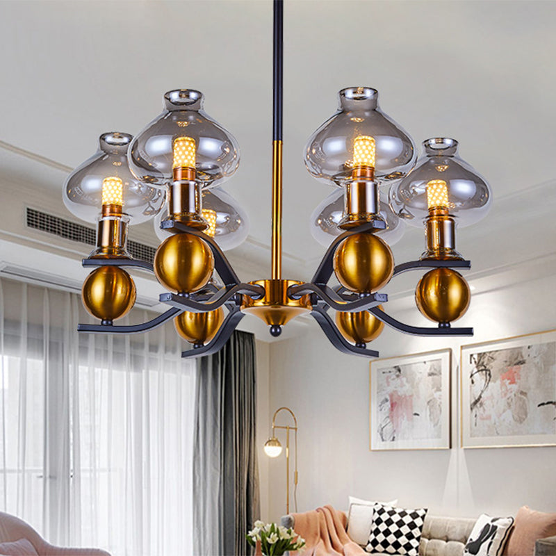 Smoke Gray Glass Hanging Chandelier 6/8-Bulb With Curved Arm In Black And Gold - Simplicity Jar