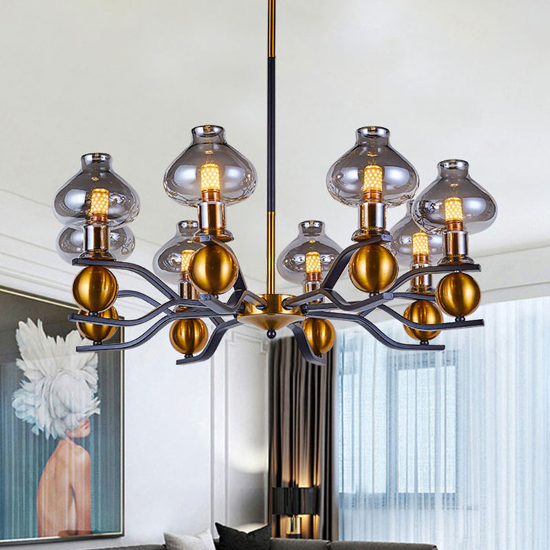 Smoke Gray Glass Hanging Chandelier: Simplicity Jar Shape, 6/8-Bulb Down Lighting for Living Room, Black and Gold Curved Arm