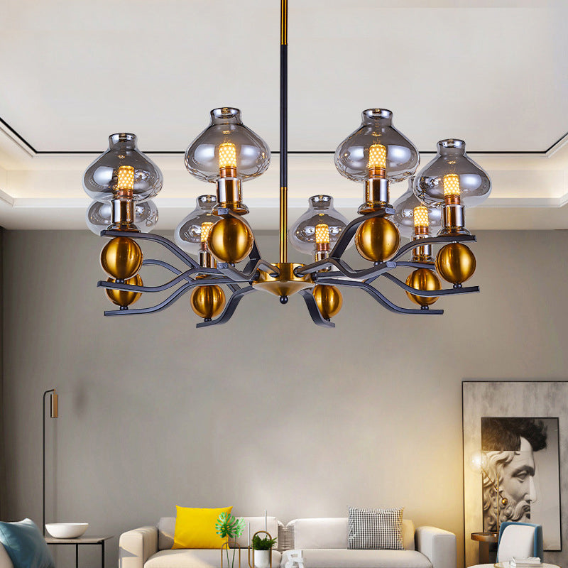 Smoke Gray Glass Hanging Chandelier: Simplicity Jar Shape, 6/8-Bulb Down Lighting for Living Room, Black and Gold Curved Arm