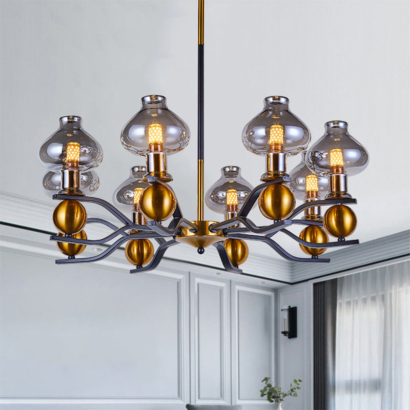 Smoke Gray Glass Hanging Chandelier: Simplicity Jar Shape, 6/8-Bulb Down Lighting for Living Room, Black and Gold Curved Arm