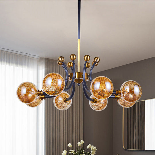 Minimalist Amber Glass Pendant Lamp with Curvy Arm - 8/9 Heads Black-Gold Ceiling Chandelier