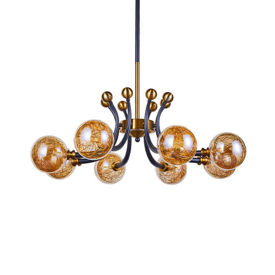 Minimalist Amber Glass Pendant Lamp with Curvy Arm - 8/9 Heads Black-Gold Ceiling Chandelier