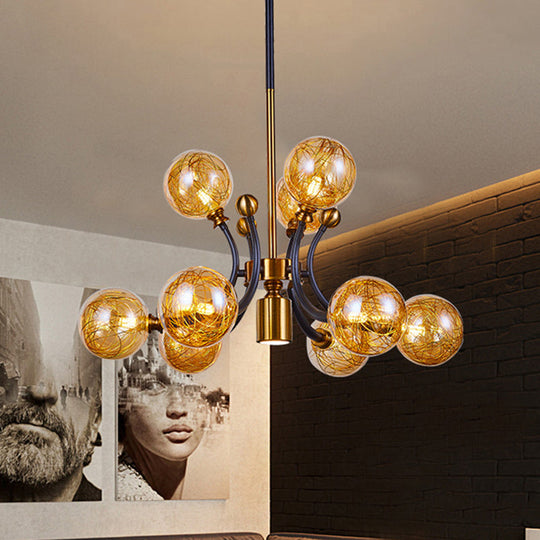 Minimalist Amber Glass Pendant Lamp - 8/9 Heads With Black-Gold Curvy Arm 9 /