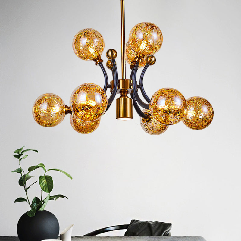 Minimalist Amber Glass Pendant Lamp - 8/9 Heads With Black-Gold Curvy Arm