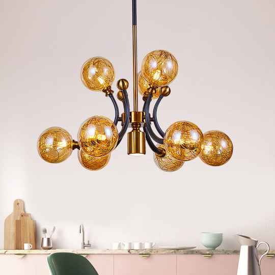 Minimalist Amber Glass Pendant Lamp with Curvy Arm - 8/9 Heads Black-Gold Ceiling Chandelier