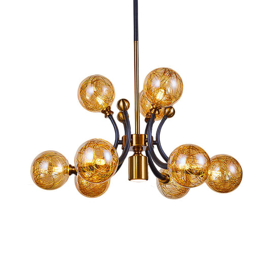 Minimalist Amber Glass Pendant Lamp with Curvy Arm - 8/9 Heads Black-Gold Ceiling Chandelier