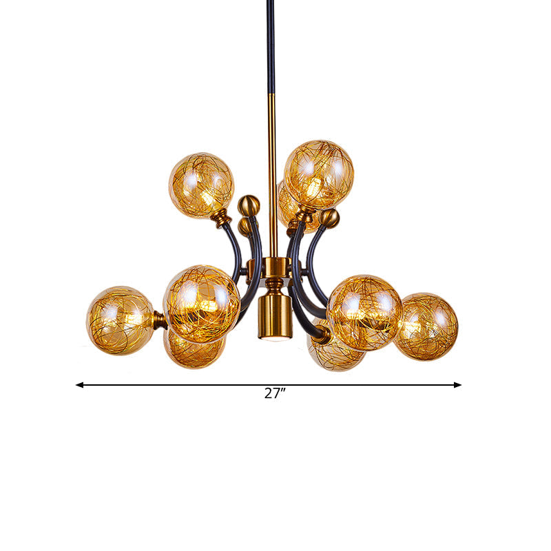 Minimalist Amber Glass Pendant Lamp with Curvy Arm - 8/9 Heads Black-Gold Ceiling Chandelier