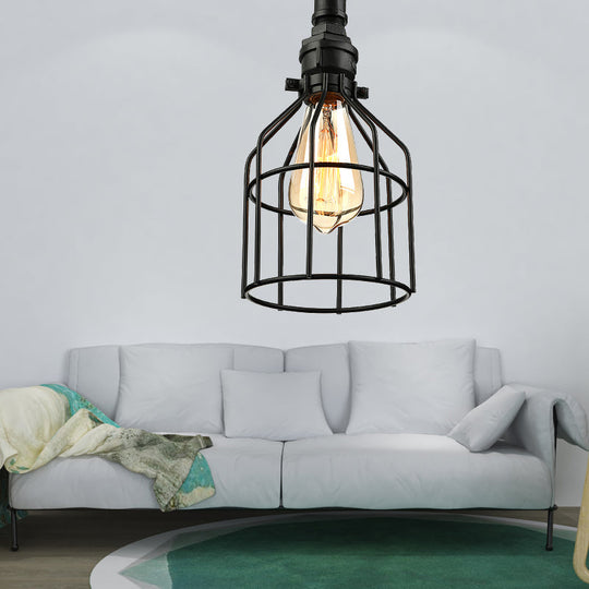 Black Semi-Flush Mount Ceiling Lamp with Cage Shade - Stylish Metallic Lighting for Living Room