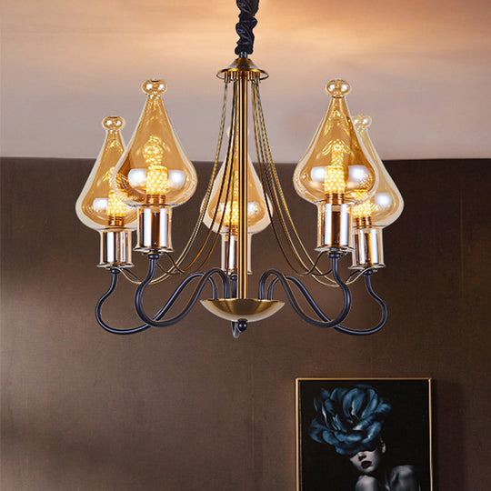 Modern Black-Gold Teardrop Chandelier with Amber Glass - 5/8 Lights, Perfect for Dining Room