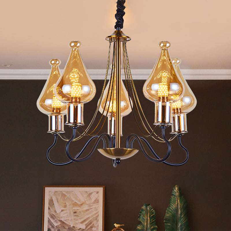 Modern Black-Gold Teardrop Chandelier with Amber Glass - 5/8 Lights, Perfect for Dining Room