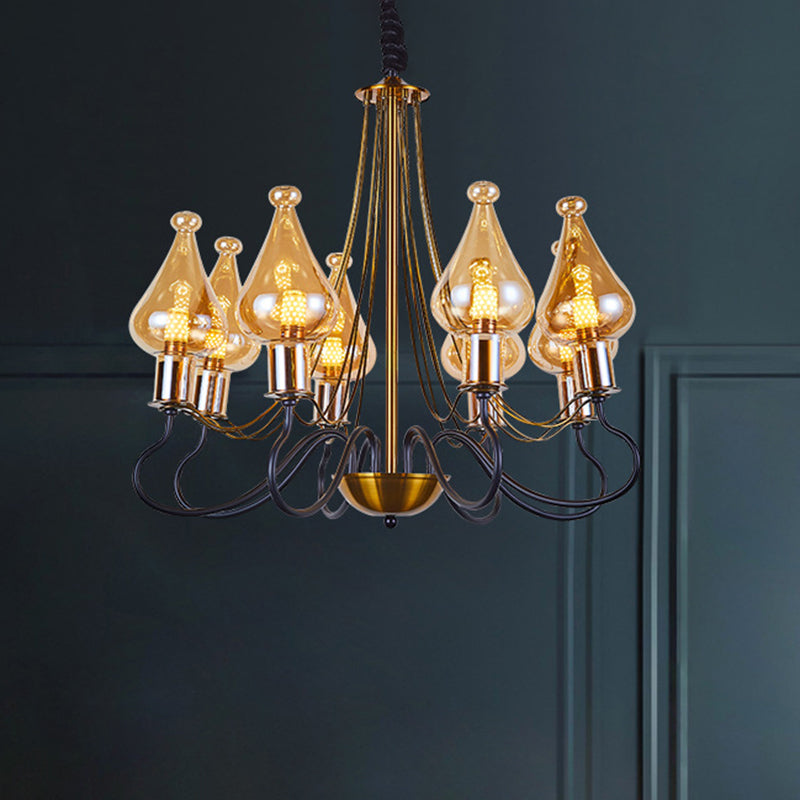 Modern Black-Gold Teardrop Chandelier with Amber Glass - 5/8 Lights, Perfect for Dining Room